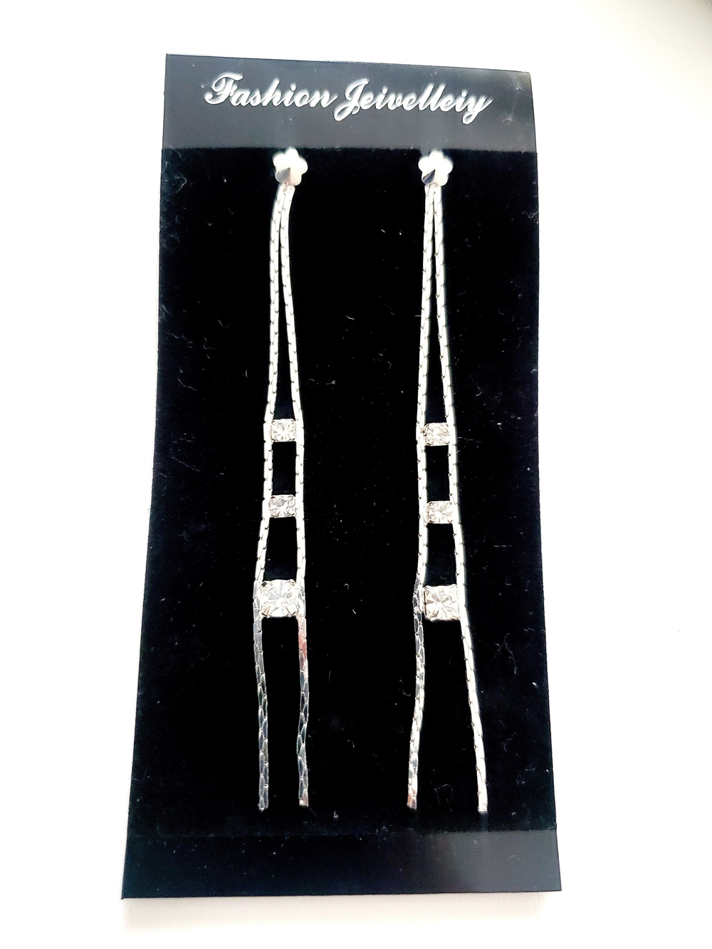 Fashion Jewelry Silver Linear Drop Earrings with Rhinestone Accents